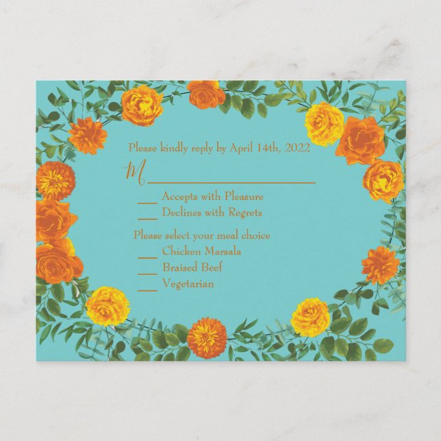 Cartão Postal Orange & Aqua Wedding Modern Floral (Frente)