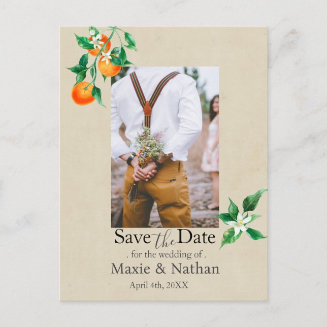 Cartão Postal Orange Blossom Salva a Data Foto Código QR (Frente)