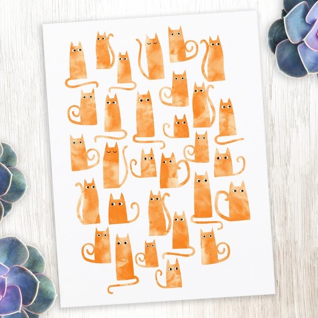 Cartão Postal Orange Cat (Orange ginger cat fun watercolor art postcard)