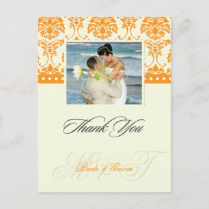 Cartão Postal Orange + Ivory Damask Obrigado Cartões-Foto,