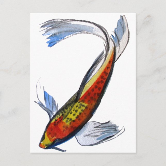 Cartão Postal Orange Koi - Marca de aquarela japonesa (Frente)
