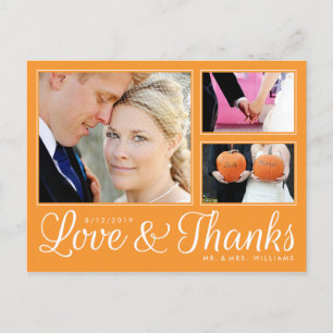 Cartão Postal Orange Love Obrigados Weding 3 Photo Modern Postca