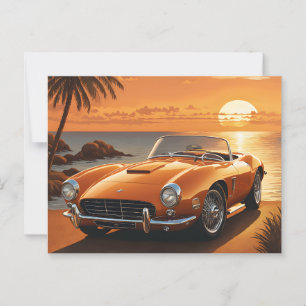 Cartão Postal Orange Sportscar Sunset Tropical Beach