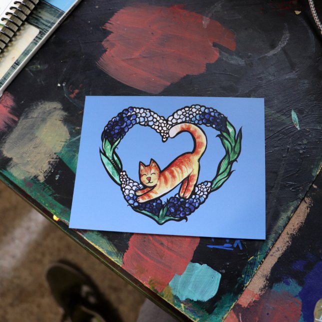 Cartão Postal Orange Tabby Cat Heart Art Cute texas bluebonnet (Criador carregado)