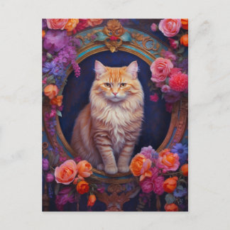 Cartão Postal Orange Tabby com Bela Joia e Flores