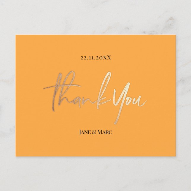 Cartão Postal Orange Wedding Thank You Cards Elegant Script (Frente)