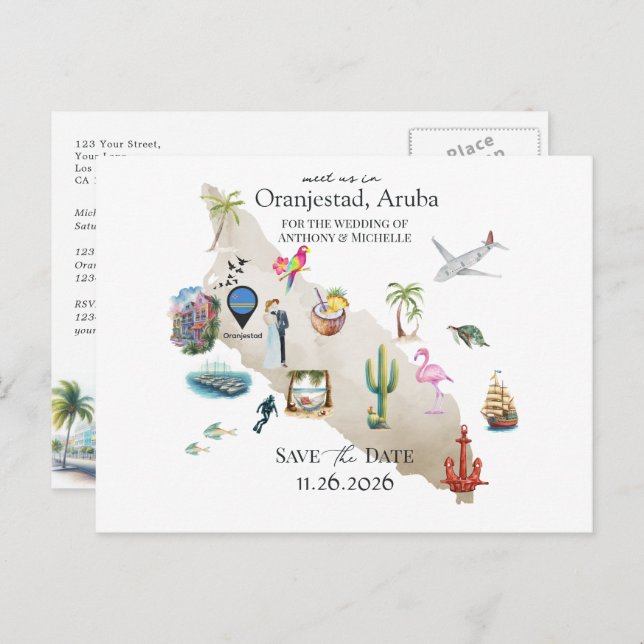 Cartão Postal Oranjestad Aruba Destination Wedding Save the Date (Frente/Verso)