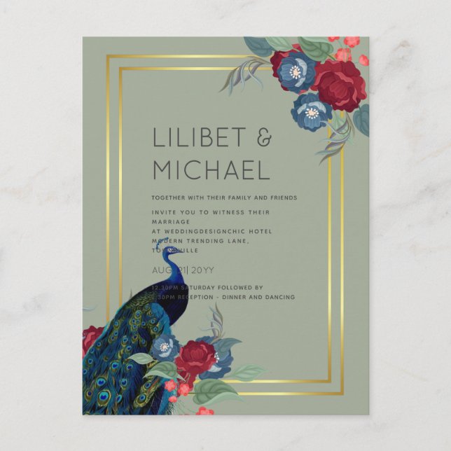 Cartão Postal ORÇAMENTO  Casamento de Outono e Inverno Azul Pavã (Frente)