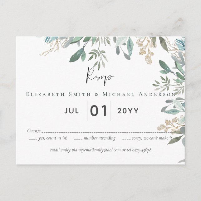 Cartão Postal Orçamento deixa Greenery Wedding RSVP (Frente)