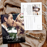 Cartão Postal Orçamento Foto Escrita de Casamento em Mão Moderna<br><div class="desc">Moderno Elegante Escrito Foto de Casamento de Script Obrigado postal. Obrigado de casamento do Na moda moderno seu modelo de cartão postal com uma foto vertical do cheio na frente com o texto sobreposto "Obrigado" em uma fonte de script de tipografia escrita à mão, em branco, na foto. Personalize o...</div>