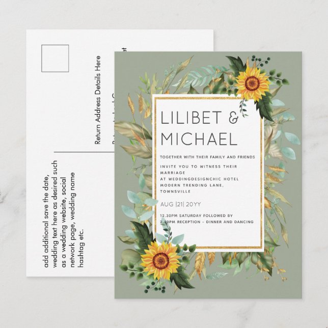 Cartão Postal Orçamento Rústicos Girassóis BOHO Casamento Verde  (Frente/Verso)