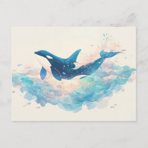 Cartão Postal Orcas Splash de Aquarela Etérea