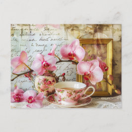 Cartão Postal Orchids alongside a teacup and picture frame