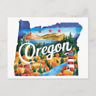 Cartão Postal Oregon EUA Estado em Forma de Aquarela Vintage