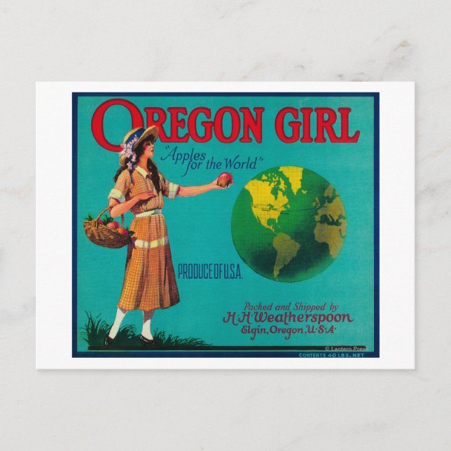 Cartão Postal Oregon Girl Apple Crate LabelElgin, OU (Frente)