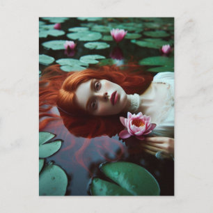 Cartão Postal Órfia de Cabelo Vermelho em um Lago de Lírios