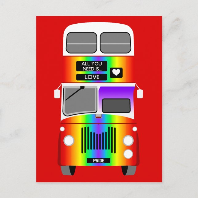 Cartão Postal Orgulho gay Rainbow retro Double Decker Bus (Frente)