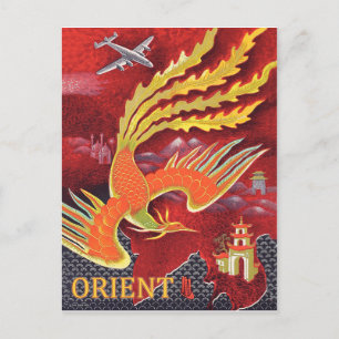 Cartão Postal Orient, pássaro voador sobre o templo
