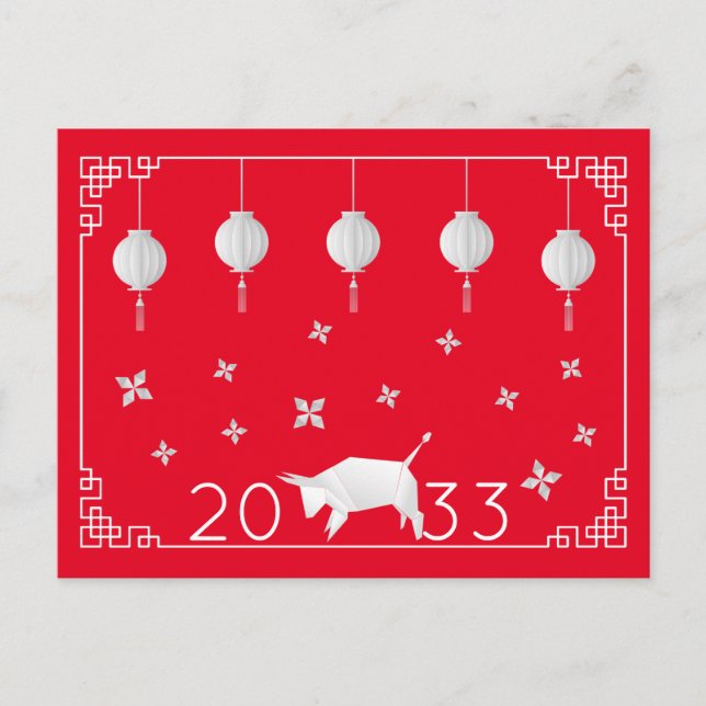 Cartão Postal Origami de Ano Novo Chinês Ox, vermelho (Frente)
