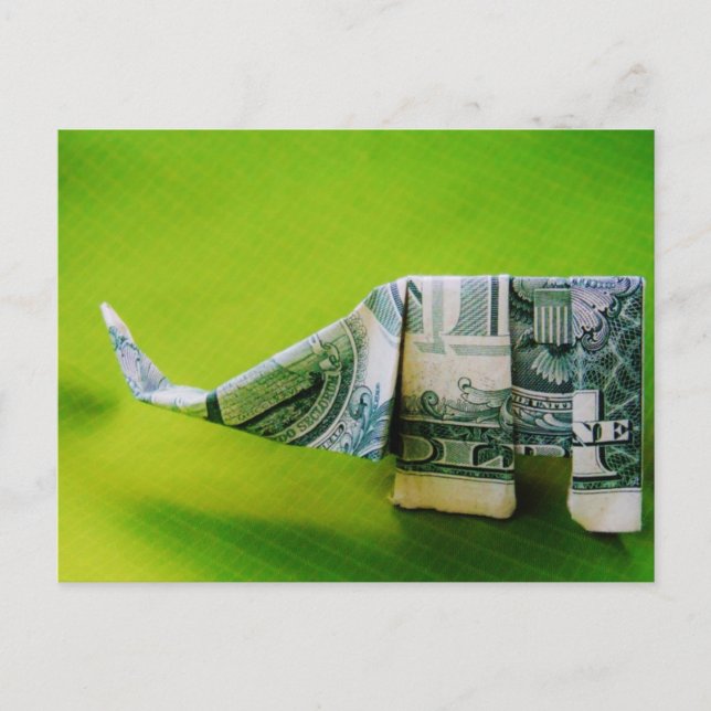 Cartão Postal Origami de lei de dólar Elefante em fundo verde (Frente)