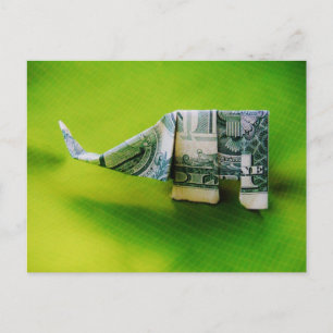 Cartão Postal Origami de lei de dólar Elefante em fundo verde