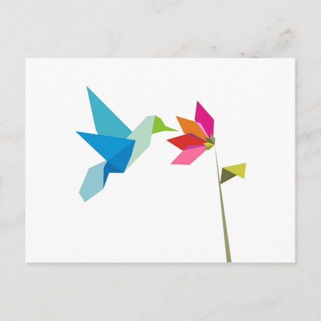 Cartão Postal Origami hummingbird e flor (Frente)