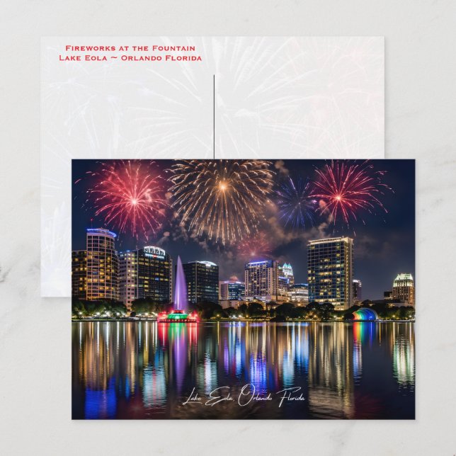 Cartão Postal Orlando Florida Skyline with Lake Eola Fireworks (Frente/Verso)