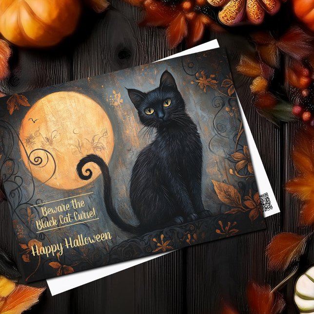 Cartão Postal Ornamentado de Lua Completa de Gato Negro Hallowee (Halloween Black Cat Full Moon Ornate Postcard)