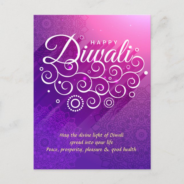 Cartão Postal Ornamento florescente roxo brilhante Happy Diwali (Frente)