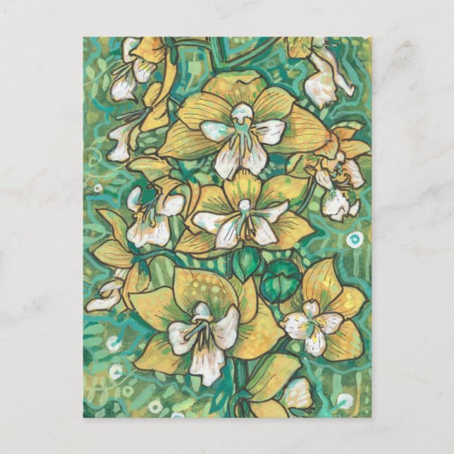Cartão Postal Orquídea Amarela Flores Tropicais Pintura Floral (Frente)