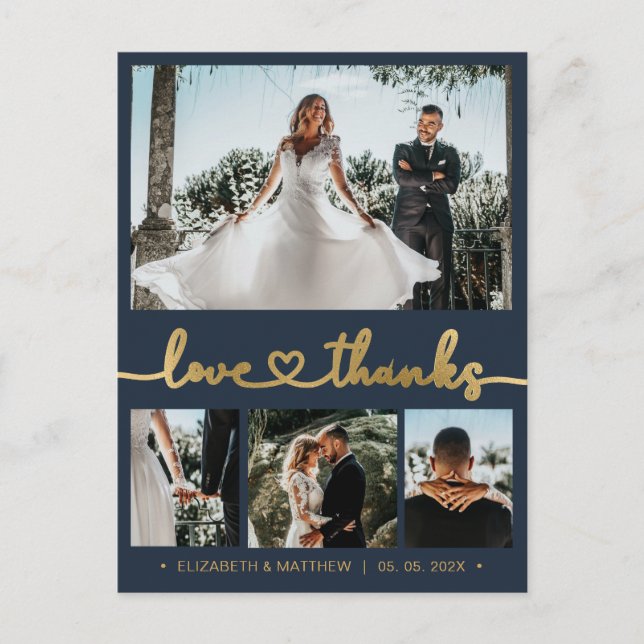 Cartão Postal Ortografia Dourada 4 Fotografia Casamento Obrigado (Frente)