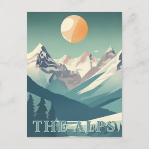 Cartão Postal Os Alpes Geométricos Vintage Montanha de Esqui Eur