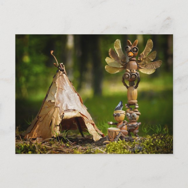 Cartão Postal Os elfos da bolota estão brincando de índio. Acamp (Frente)