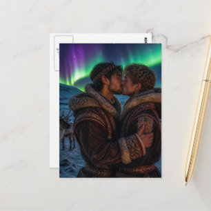 Cartão Postal Os Homens Gays Se Beijando nas Luzes do Norte