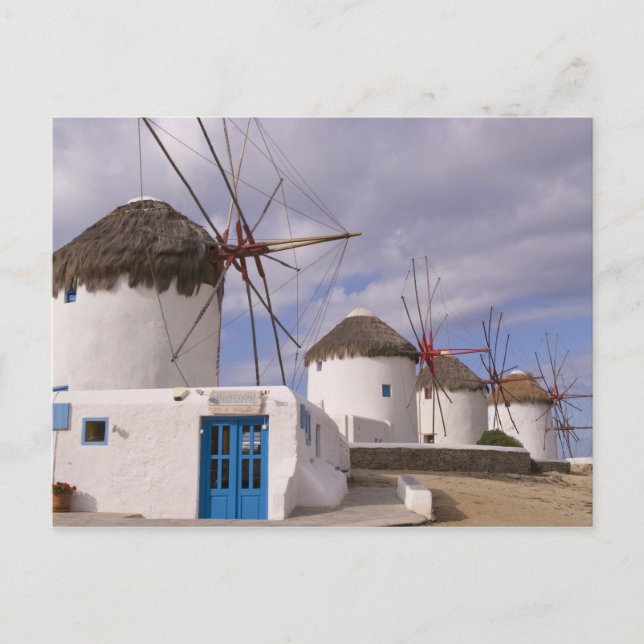 Cartão Postal Os moinhos de vento de Mykonos nas Ilhas Gregas (Frente)