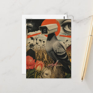 Cartão Postal Os Pombos Espiões nos Campos Colagem Surrealista