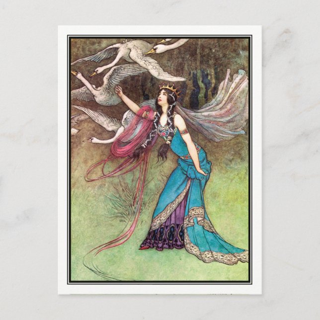 Cartão Postal Os Seis Cisnes por Warwick Goble (Frente)