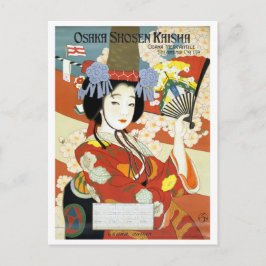 Cartão Postal Osaka, Japão, gueixa com leque, viagem antiga