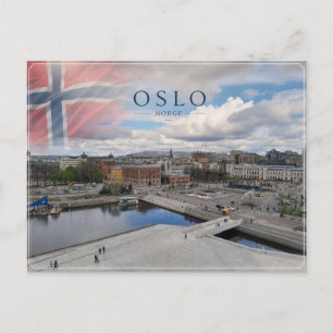 Cartão Postal Oslo Noruega com Bandeira Norueguesa na Orla