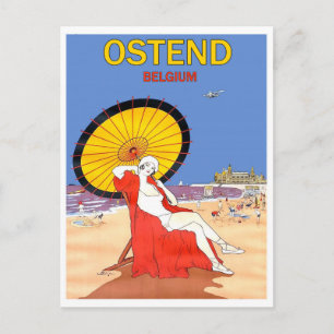 Cartão Postal Ostende, Bélgica, mulher na praia com sombra do s