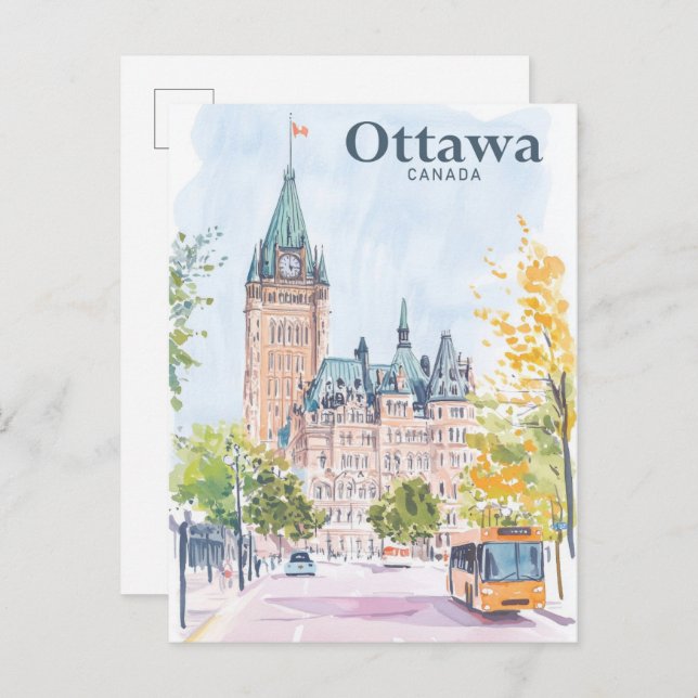 Cartão Postal Ottawa Canada Gouache Paint Viagem (Frente/Verso)