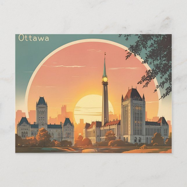 Cartão Postal Ottawa Canada Skyline - Retro Sunset, em negrito (Frente)