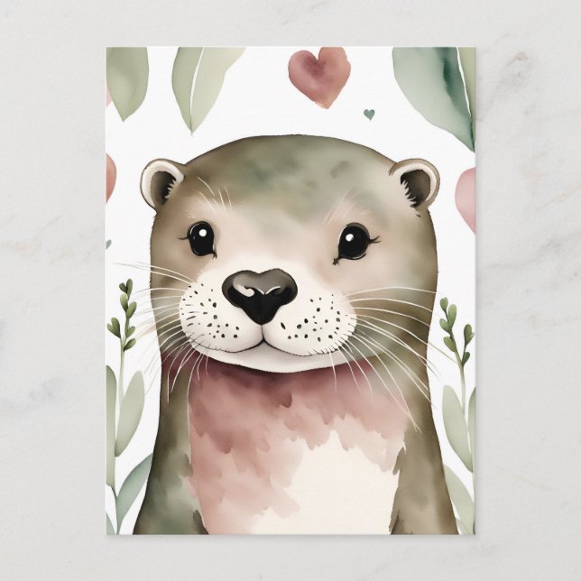 Cartão Postal Otter Aquarela Adorável (Frente)