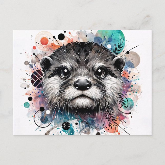 Cartão Postal Otter Colorful Watercolor Art (Frente)
