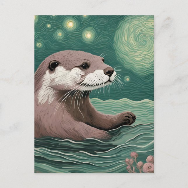 Cartão Postal Otter em um Sage e Rosa de Oceano Noturno Estrelad (Frente)