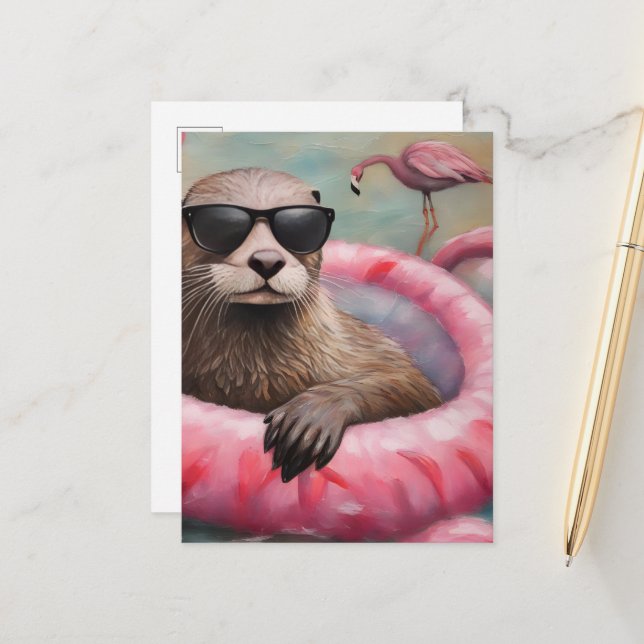 Cartão Postal Otter em uma flutuação rosa (Frente/Verso In Situ)