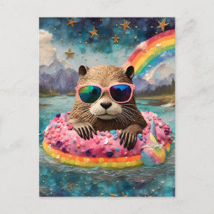 Cartão Postal Otter em uma rosquinha em uma viagem flutuante