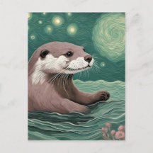 Otter em uma Sage do Oceano Noturno Estrelada e Ro