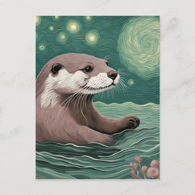 Cartão Postal Otter em uma Sage do Oceano Noturno Estrelada e Ro (Frente)