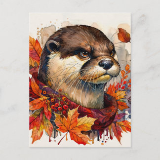 Cartão Postal Otter Grump In Autumn Watercolor